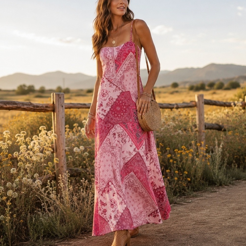 No Boundaries Pink Red Patchwork Bandana Paisley Mesh Maxi Dress Small Boho y2k